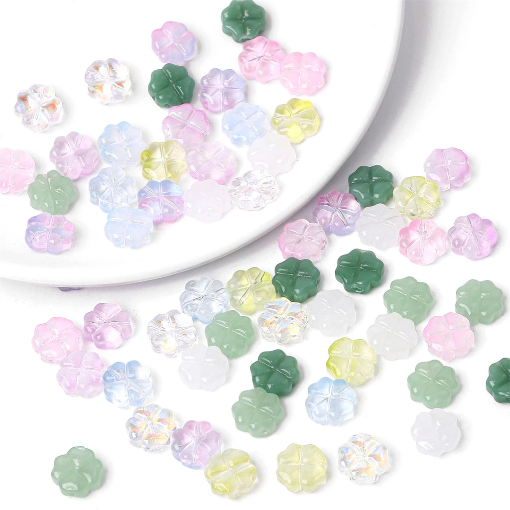 About 20Pcs Glass Four Leaf Flower Beads Scattered Beads Handmade DIY Making Couple Bracelets, Necklaces, Earrings, Jewelry Acces