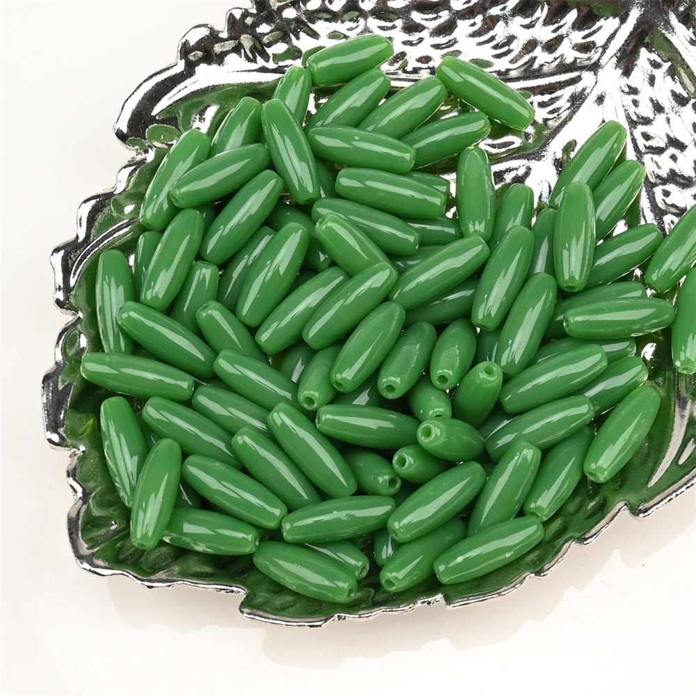 12mm Glass Green Beads Long Oval Loose Beads for Jewelry Making Necklace Garment DIY Accessories