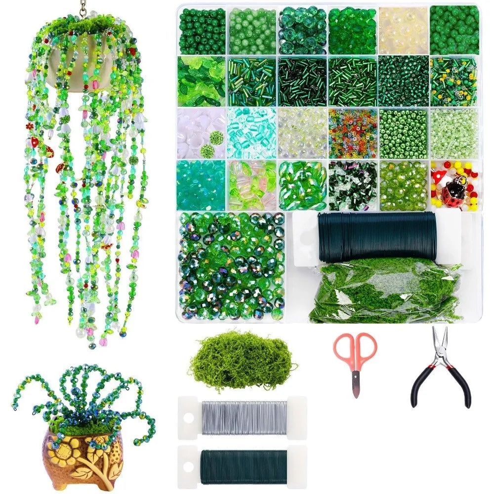 Crystal Glass Material 6mm Green Glass Beads Set Beginner Friendly Handmade DIY Supplies DIY Beaded Plants Multi-shaped