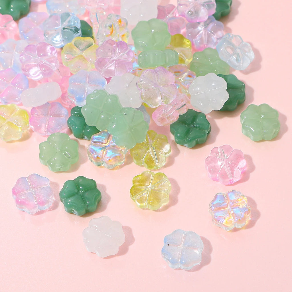 About 20Pcs Glass Four Leaf Flower Beads Scattered Beads Handmade DIY Making Couple Bracelets, Necklaces, Earrings, Jewelry Acces