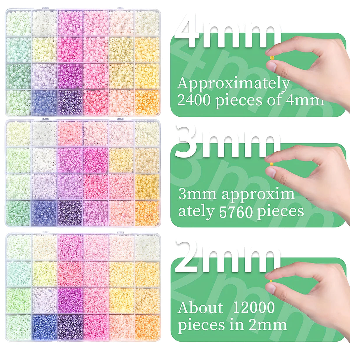 24-Color Glass Seed Beads Assortment Kit, 2/3/4mm 12000/5760/2400Pcs Beads for Jewelry Making, DIY Crafts, Handmade Bracelets