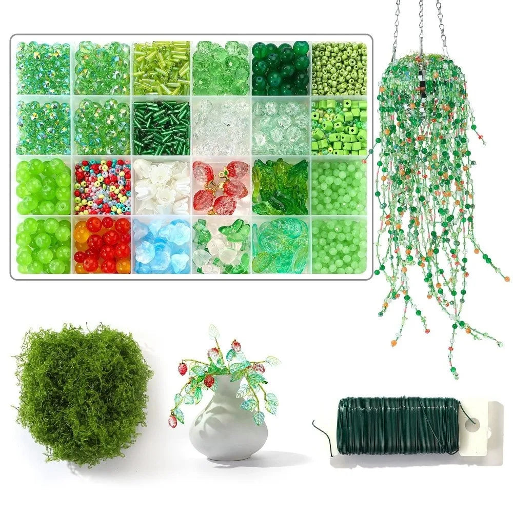Crystal Glass Material 6mm Green Glass Beads Set Beginner Friendly Handmade DIY Supplies DIY Beaded Plants Multi-shaped